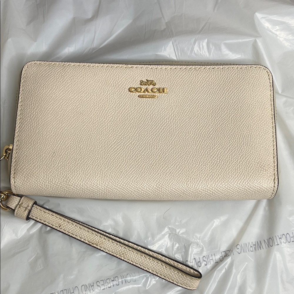 Coach Beige Wristlet with Gold Logo